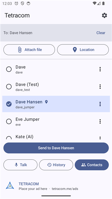 Tetracom Contacts screen — multi-select contacts, attach file and location buttons, sticky Send button